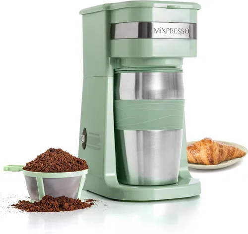 Miniatura 12 de Mixpresso Cafetera Personal de Una Sola Porción y Taza de Viaje de 14oz, Cafetera Pequeña de Goteo y Termo, Apagado Automático y Filtro Negro
