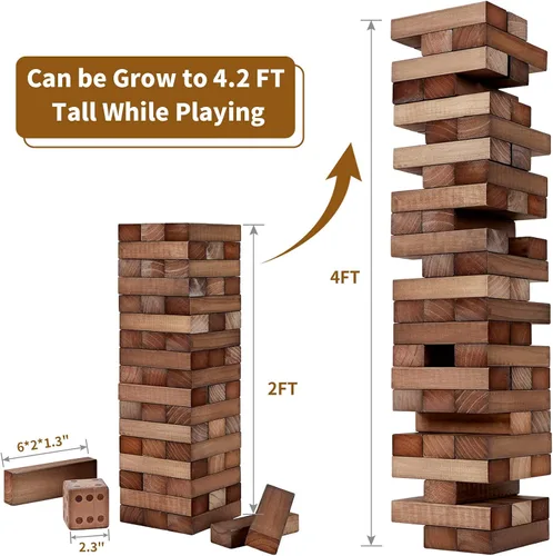 Miniatura 2 de ApudArmis Torre Gigante Tumble (Se apila desde 2 pies hasta más de 4.2 pies), 54 PIEZAS Juego de Madera de Pino Apilable Timber con 1 Juego de Dados