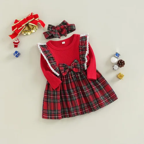 Miniatura 3 de Trajes de Navidad para niñas pequeñas, vestido de manga larga, falda vintage de encaje de una pieza, vestido de fiesta de terciopelo rojo, vestido