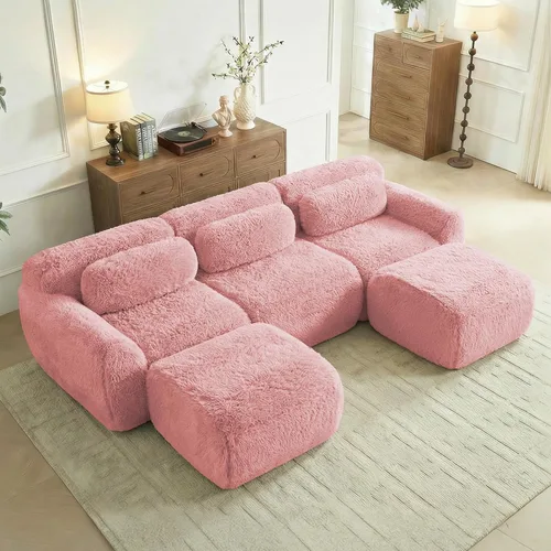 Miniatura 17 de Sofás de nube sin hueso de 80.4 pulgadas, tela de felpa suave y esponjosa, sofá cama modular con 2 otomanas, sofás de dos plazas de chocolate,