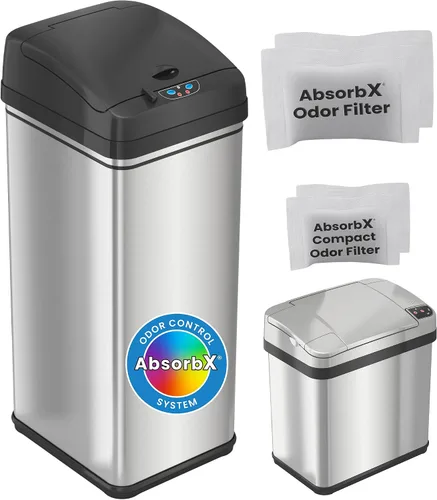 iTouchless Latas de cocina con sensor automático sin contacto de 13 galones y 2.5 galones con sistema de control de olores, acero inoxidable,