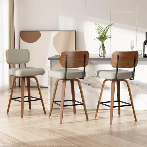 Miniatura 16 de Juego de 1 taburete de bar giratorio, taburetes de bar tapizados de 26" de altura para encimera con respaldo de nogal y patas de madera curvada