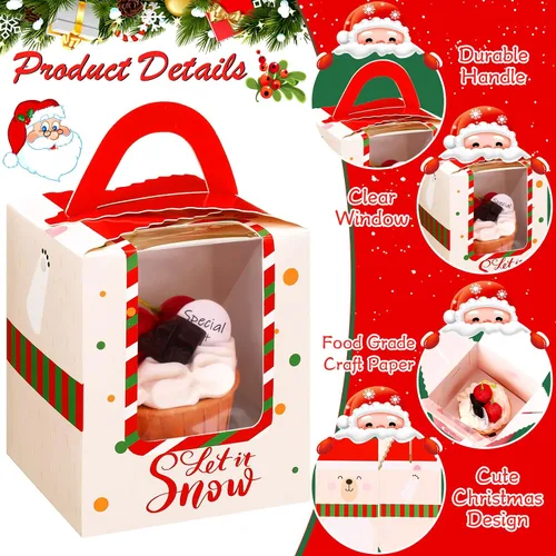 Miniatura 4 de TaoBary 24 cajas de magdalenas de Navidad, caja individual para cupcakes, cajas de galletas de Navidad con asa de inserción de ventana, soporte