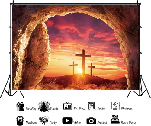 Miniatura 4 de Fondo de fotografía de tumba vacía de 6 x 4 pies, puesta de sol con luz sagrada, tres cruces en la montaña, Jesucristo, agujero de piedra, telón