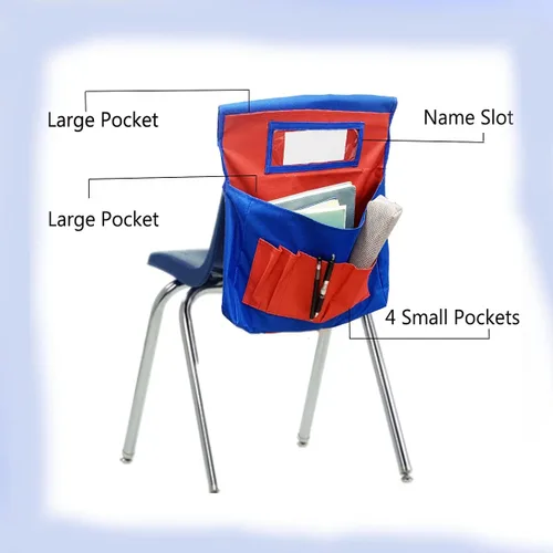 Miniatura 3 de 5 bolsillos organizadores para silla con ranura para etiqueta de nombre, bolsa de almacenamiento colgante para asiento de aula para niños