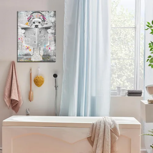 Miniatura 6 de ENTANUB Arte de Pared de Perro para Baño, Divertido Cuadro de Lienzo de Animales para Dormitorio, Decoración de Imágenes en Blanco y Negro