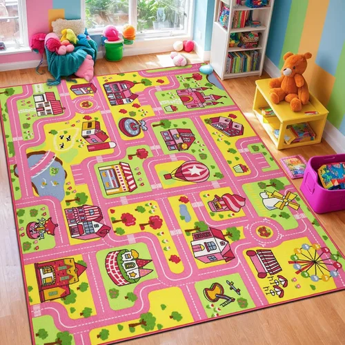 Miniatura 7 de Capslpad Alfombra para niños para sala de juegos, alfombra de juego rosa para tráfico, carretera, automóvil, alfombra de juego de 5.2 x 3.3 pies