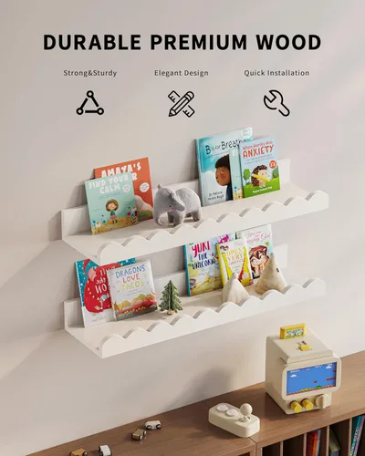 Miniatura 5 de G&W Gruwald Juego de 3 estantes para libros de guardería, decoración de guardería para bebés y niños pequeños, estantes festoneados, estante