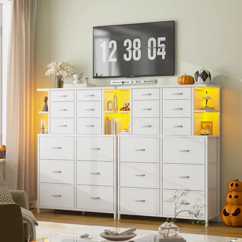 Miniatura 7 de EnHomee Cómoda blanca para dormitorio con luces LED y 12 cajones con 4 estantes abiertos, cómoda de tela y cómoda, marco de metal, 45.2 pulgadas