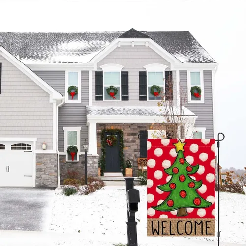 Miniatura 4 de PANDICORN Bandera de Jardín Feliz Navidad 12x18 Pulgadas Doble Cara, Bienvenida Árbol de Navidad Lunares Rojo Invierno Vacaciones Patio Arpillera