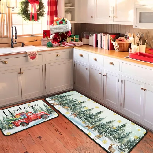 Miniatura 3 de Juego de 2 alfombras y tapetes de cocina navideñas para camiones, decoraciones navideñas para el hogar, antideslizantes con respaldo, alfombras