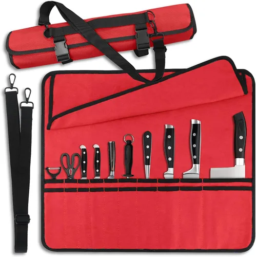 QIQU Bolsa Roja para Cuchillos de Chef con 20 Ranuras Portacuchillos Protectores de Cuchillería, Herramientas de Cocina para el Hogar Viajes Cocina,