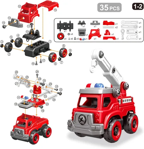 Miniatura 5 de Camión de juguetes desmontables 4 en 1 con taladro eléctrico, vehículos de juguete camión de bomberos de montaje DIY, juguetes de autos educativos