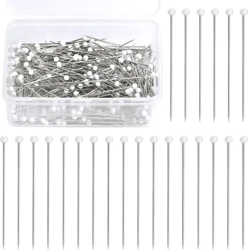 Alfileres de costura, 300 alfileres rectos para tela, alfileres de encaje de cabeza de bola perlada blanca larga de 1.5 pulgadas con caja de Blanco
