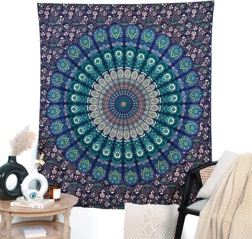 Miniatura 8 de RAJRANG Tapiz de Mandala de Pavo Real Hippie para Colgar en la Pared 90 x 84 pulgadas Tapices Decorativos Trippy Bohemios Indios Hechos a Mano