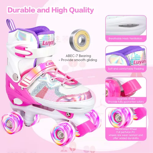 Miniatura 4 de Luyata Patines ajustables para niñas y niños, 4 tamaños de 6 a 12 y 3 a 5 años, patines para niños con 8 ruedas brillantes que se iluminan, 3 Rosa