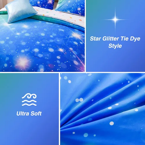Miniatura 5 de A Nice Night Juego de ropa de cama de 6 piezas con purpurina degradada para niñas, juego de edredón colorido de galaxia arco iris, juegos de ropa