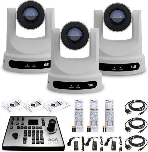 3 cámaras PTZ PTZOptics Move SE con zoom óptico de 20x (blanco) (PT20X-SE-WH-G3) + controlador PT-Joy-G4