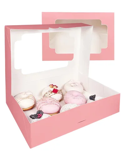 Miniatura 4 de qiqee Caja de galletas rosa autodesplegable con ventana 12x8x2.5 pulgadas 18 paquetes Dos usos Plegable en un segundo Caja de pastelería galletas