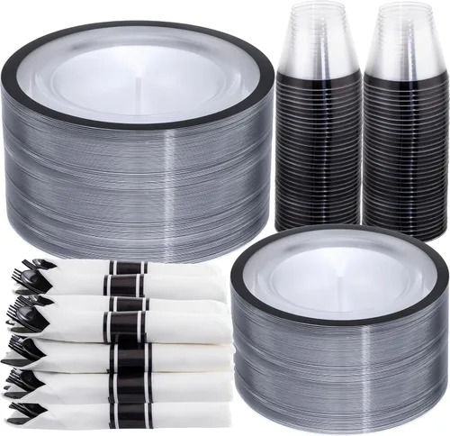 I00000 350 platos de plástico transparente y negro, juego de vajilla negro, incluye 50 platos de cena y 50 platos de postre, 50 vasos de plástico,
