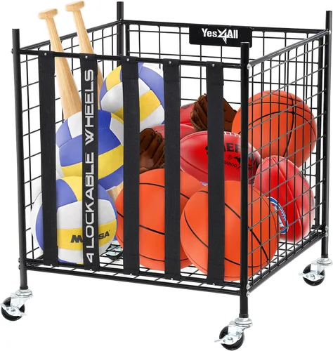 YES4ALL Carrito de almacenamiento de bolas rodantes con ruedas bloqueables, soporte de baloncesto de voleibol, cubo de pelotas de juguete, jaula de