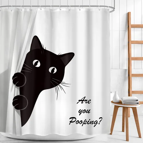 Miniatura 2 de Divertida cortina de ducha de gato negro de 60 pulgadas de ancho x 72 pulgadas de alto para niños, diseño de gatito blanco y negro, lindo animal are
