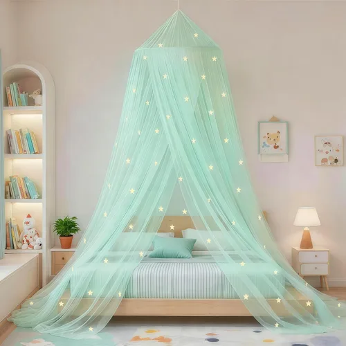 Miniatura 13 de Toldo de cama de princesa que brilla en la oscuridad, toldo de cama de copos de nieve de Navidad para decoración de habitación de niñas, tela