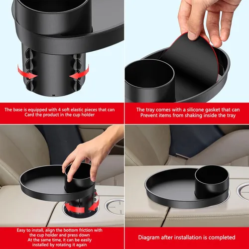 Miniatura 5 de Bandeja de asiento de automóvil – para portavasos de 2.5 a 2.8 pulgadas, expande fácilmente la bandeja para aperitivos en taza de 360° y bandeja