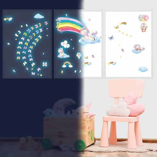 Miniatura 6 de Calcomanías de pared grandes arcoíris y unicornio que brillan en la oscuridad, calcomanías de pared de mariposas luminosas y estrellas brillantes