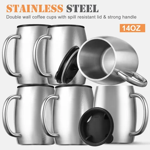 Miniatura 6 de Taza de café aislada de acero inoxidable de 14 onzas a prueba de derrames con tapa, taza de café de viaje de doble pared con asa, tazas de café