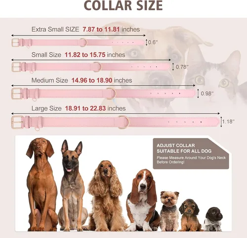 Miniatura 4 de Airtag - Collar de cuero para perro pequeño, mediano y grande, ajustable, suave, acolchado, collar de cachorro, collar de hebilla de metal Rosa