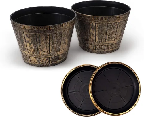 Miniatura 8 de Juego de 2 barriles de whisky grandes de aspecto rústico (2 macetas + 2 platillos a juego) estilo francés de estilo campestre para interiores