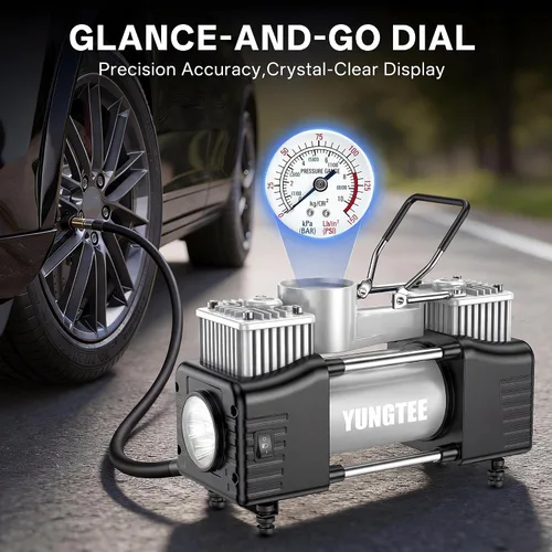 Miniatura 4 de YUNGTEE Inflador de neumáticos plateado, bomba de inflado de accionamiento directo de doble cilindro resistente, bomba de compresor de aire portátil