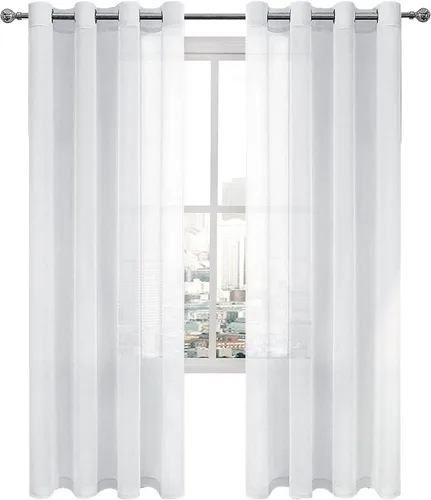 Miniatura 8 de DWCN - Cortinas de gasa transparente, estilo lino, con ojales, diseño de lino, para sala de estar, juego de 2 paneles Blanco