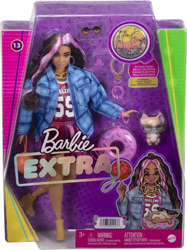 Miniatura 6 de Muñeca Barbie Extra y accesorios con pelo rosa engarzado y rizado en estilo moño en vestido de jersey con corgi de mascota