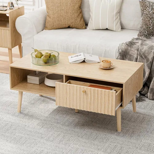 LCRBOL Mesa de café con almacenamiento, Mesa de comedor bohemia con cajón acanalado y patas de madera maciza, Mesas de café pequeñas para sala de
