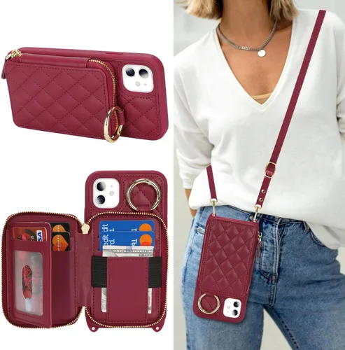Miniatura 31 de Funda Cartera Bandolera para iPhone 11, Cuero PU Cremallera Bolso Cartera Funda Plegable con Tapa, Funda Folio con Soporte con Ranuras para Tarjetas