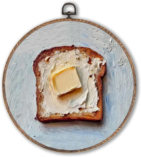 Lengues Arte de pared redondo con tostadas de mantequilla rústica, decoración de pared redonda de granja, decoración de comida de cocina vintage,