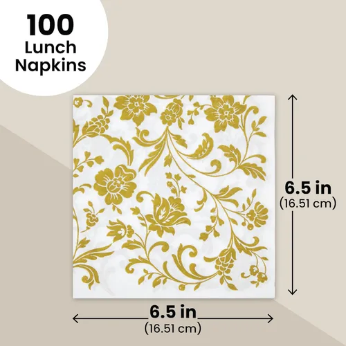 Miniatura 3 de BLUE PANDA Paquete de 100 servilletas desechables de papel floral blanco y dorado, 6.5 x 6.5 pulgadas, servilletas decorativas para recepción