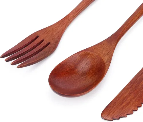 Miniatura 3 de Juego de cubiertos de madera Cuchara Tenedor Cuchillo Cubiertos de Madera Vajilla Vajilla Portátil con Bolsa