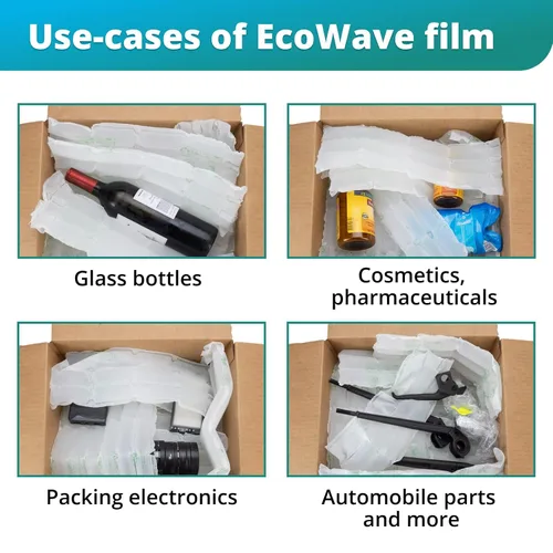 Miniatura 7 de IDL Packaging EcoWave-8.3 Almohadas de aire para embalaje, 15 pulgadas de ancho y 1300 pies de largo con película neutra de CO2 (1 rollo), bolsas