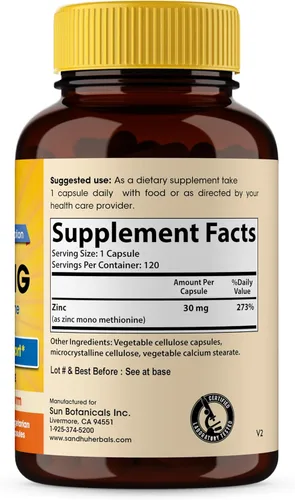 Miniatura 3 de SANDHUHERBALS Cápsulas de zinc de 30 mg para hombres y mujeres 120 unidades (paquete de 1) Suplementos de zinc para apoyo inmunológico