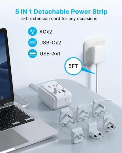 Miniatura 4 de VINTAR Kit de adaptador de viaje universal, cable de extensión desmontable de 1.5 metros con 2 tomas de CA y 3 USB (2 USB C), adaptador de corriente