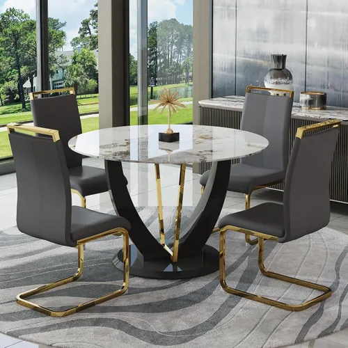 Miniatura 54 de JUFU Juego de mesa de comedor redonda para 4, mesa de comedor de 48 pulgadas con mesa de mármol sintético y 4 sillas tapizadas, moderno juego