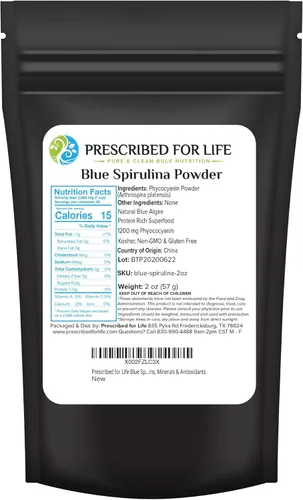Prescribed For Life Polvo de espirulina azul, superalimento vegano puro, sin gluten, natural, sin OMG, polvo de algas azules (ficocianina), lleno de