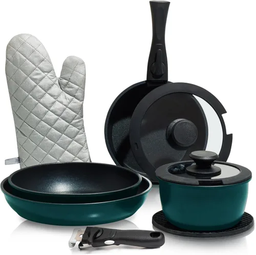 Miniatura 11 de Moss & Stone juego de 10 piezas de ollas y sartenes negras antiadherentes, juego de utensilios de cocina con mango desmontable, juego de cocina