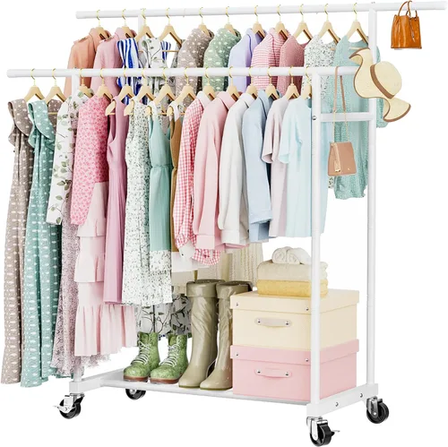 Miniatura 7 de Abiglifty Perchero de doble barra para colgar ropa, perchero con ruedas, organizador portátil de armario para lavandería, habitación (negro)