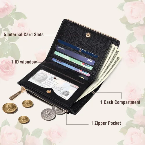 Miniatura 2 de Billetera pequeña para mujer, doble bordado, con flores, bloqueo RFID, piel sintética, con bolsillo con cremallera para mujeres y niñas (negro)