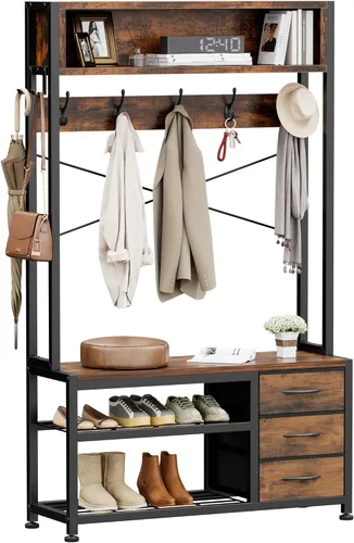 Miniatura 14 de Lulive Perchero de pie con banco y almacenamiento de zapatos, perchero independiente de 31.5" con estante de almacenamiento de 2 niveles, banco