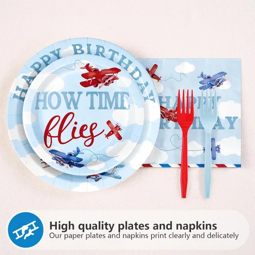 Miniatura 3 de 96 piezas de decoraciones de primer cumpleaños de avión para niños, juegos de platos y servilletas de primer cumpleaños de avión rojo y azul